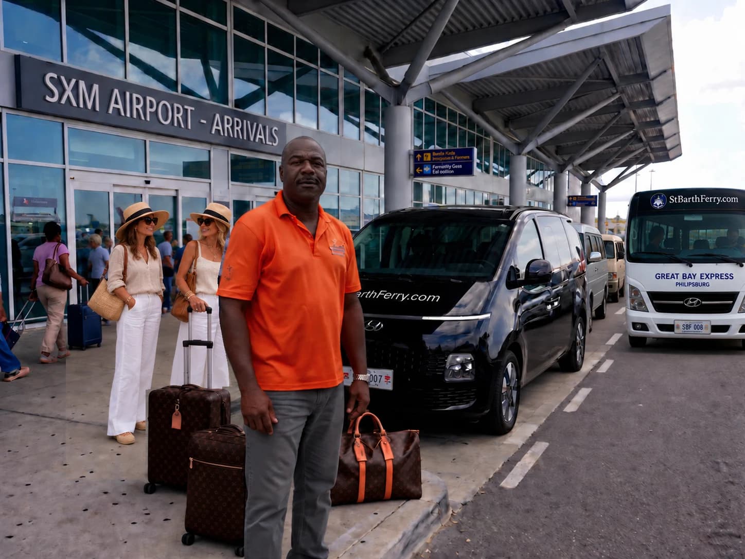 Coordinador de shuttle de St Barth Ferry ayudando a pasajeros que llegan