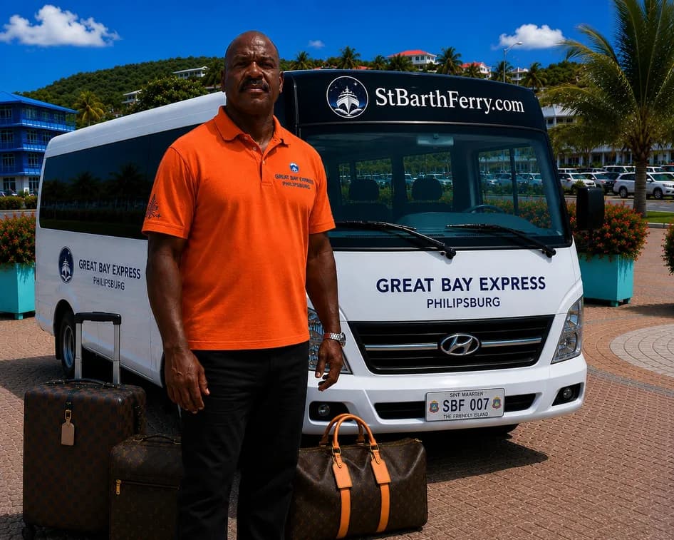 Coordinateur de navette St Barth Ferry aidant des passagers à l'arrivée