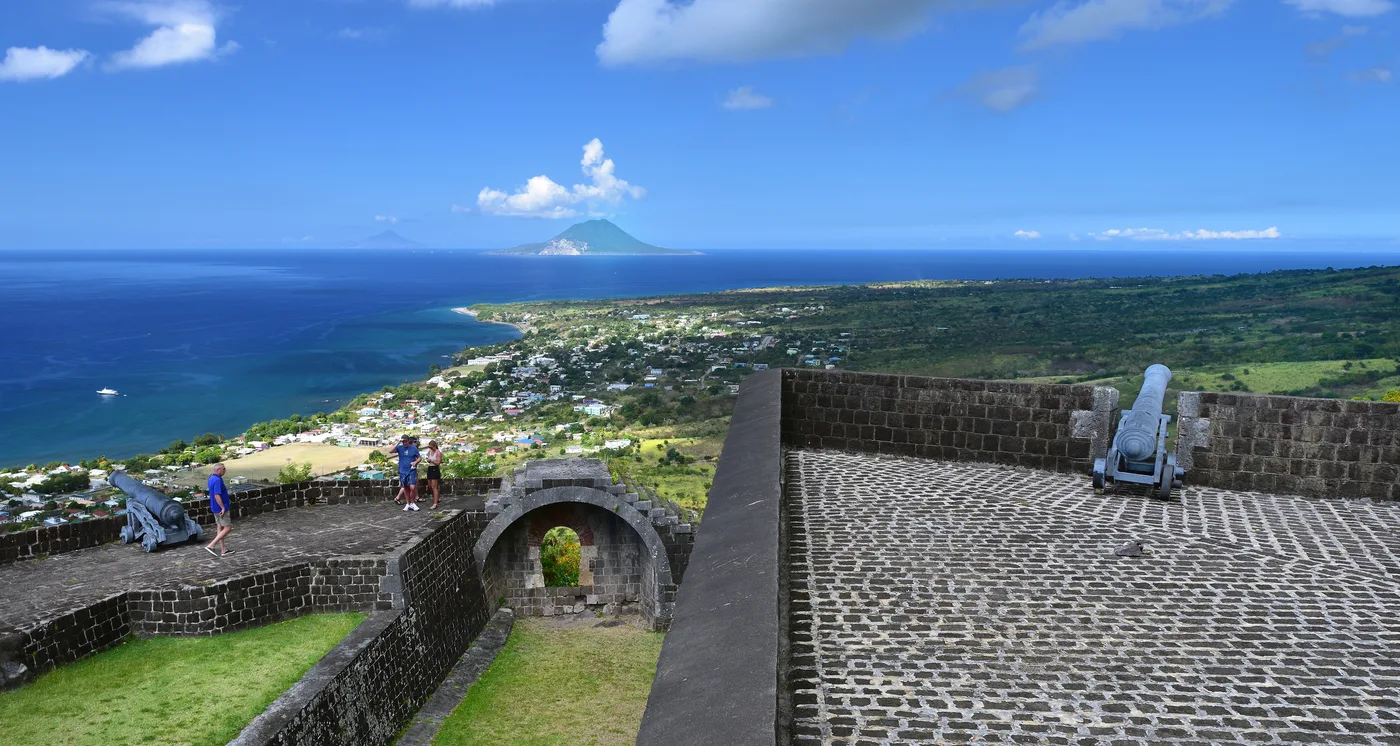 Historic fortress ramparts and cannon overlooking the sea at St Eustatius